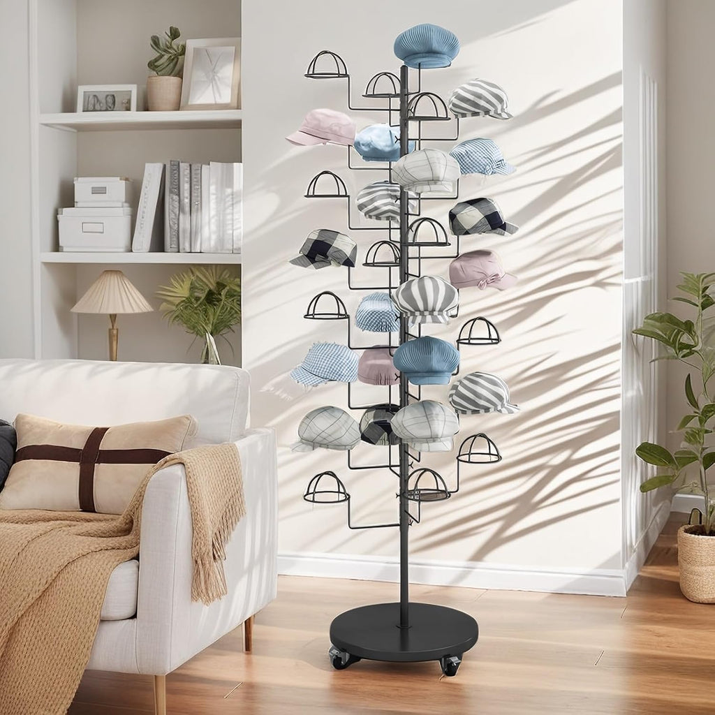 Hat Rack Stand, Metal Hats Display Stand, Standing Hat Rack, Hat Tree Stand with 30 Circular Hooks, Ball Cap Storage Organizer Rack for Stores/Home(Black)