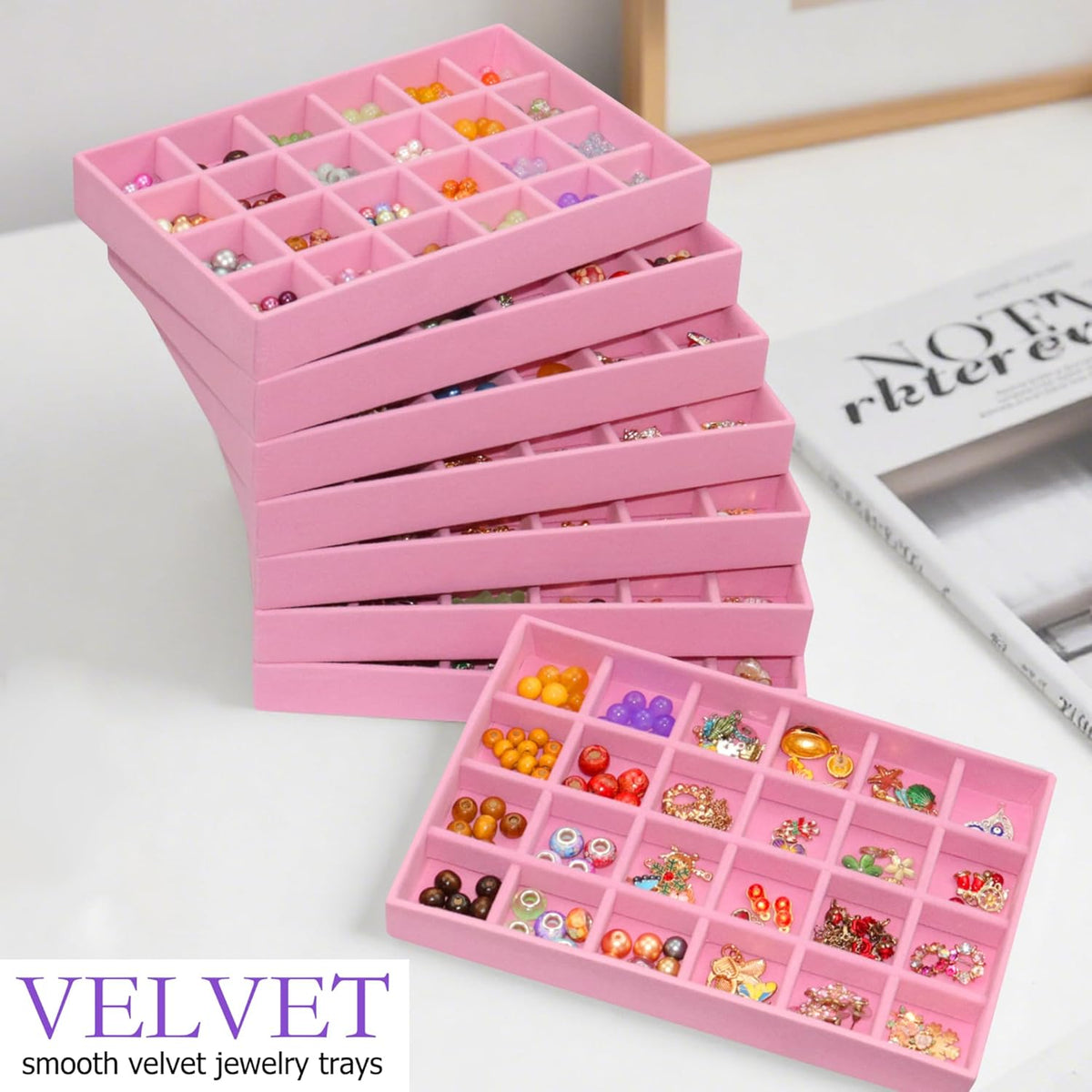 24-Grid Stackable Jewelry Organizer Tray Velvet Jewelry Storage Holder for Drawer Inserts Jewellery Display Box Case for Women Earring Rings Stud Necklaces (Set of 8, Pink
