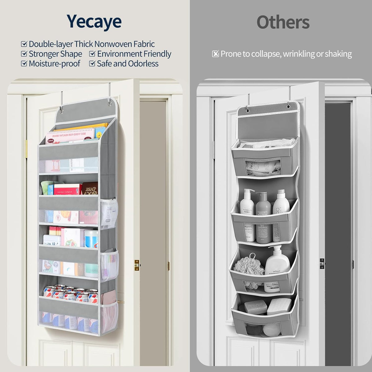 Yecaye Over The Door Organizer, Heavy Duty Hanging Organizers and Storage with 4 Large Capacity Pockets, Swing-Proof Behind The Door Storage for Bathroom Nursery Bedroom Dorm Closet, Grey