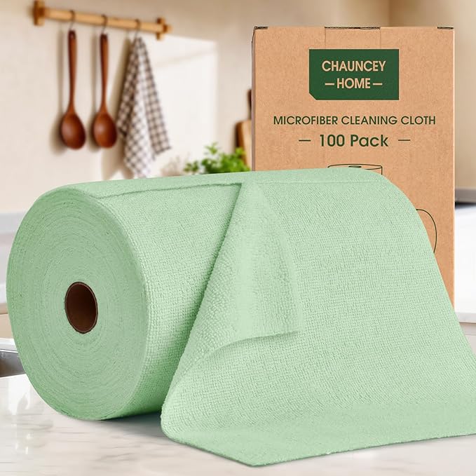 CHAUNCEY HOME Microfiber Cleaning Cloth Roll - 100 Pack Tear Away Microfiber Paper Towels, Reusable, Washable, Scratch-Free, Kitchen Towels for Car, Home, Kitchen, Glass, Dishes(Bean Green)