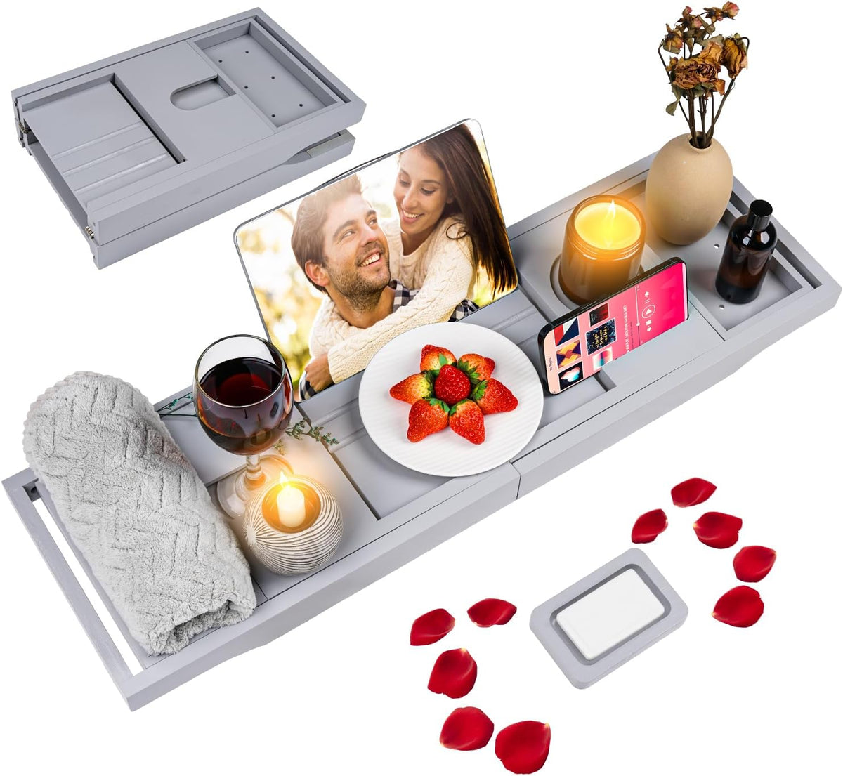 Foldable Bathtub Caddy Tray, Bamboo Bath Tub Tray Table for Tub with Wine Glass Holder Book Phone Tablet Holder with Extending Sides, Adjustable Bathroom Bathtub Free Soap Holder Gift Idea (Grey)
