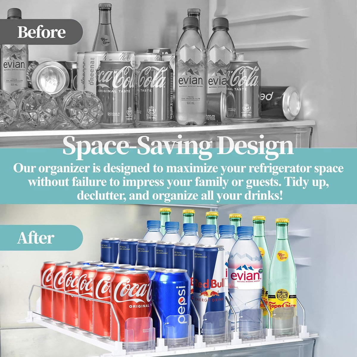 Drink Organizer For Fridge - Fridge Organizers Self Pushing Drink Dispenser, Drink Dispenser for Fridge w/Smooth Spring & Conveyor Belt, Adjustable 5 Can & Can Organizer for Refrigerator, 17.3"D