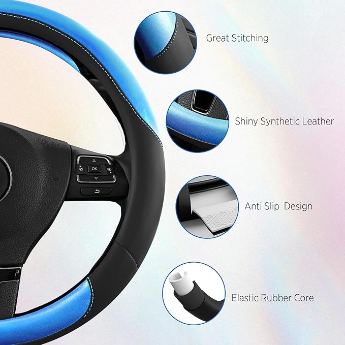Road Comforts Steering Wheel Cover – Breathable Leather Steering Wheel Cover, Anti-Slip Grip, Universal Fit 14.5” to 15”, Heat & Cold Resistant for Cars, SUVs, and Trucks – Black & Metallic Blue