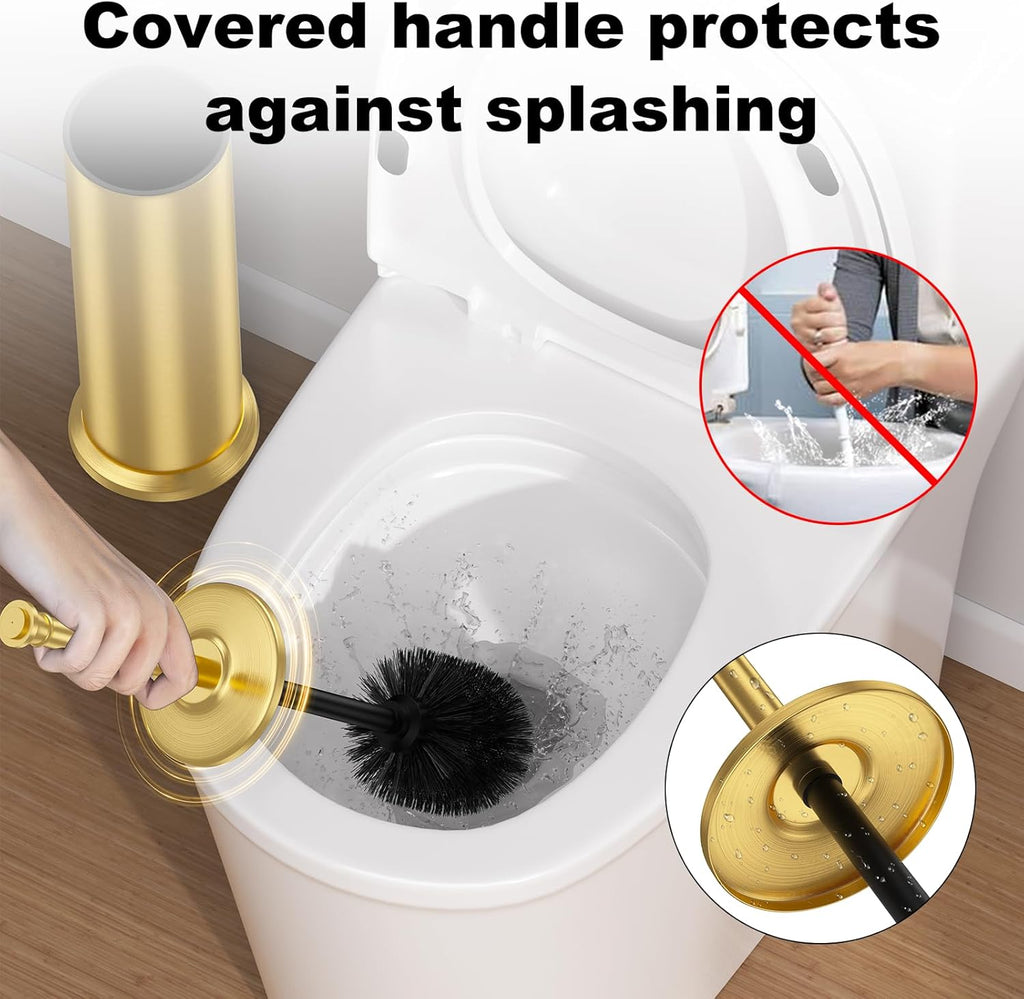 Brass Toilet Brush and Holder，Long Handled Gold Toilet Brush for Bathroom，Stainless Steel Heavy Duty Toilet Bowl Brush,Removable Inner Bowl,Deep Cleaning Dense Bristles Cleaner Brush -Space Saving