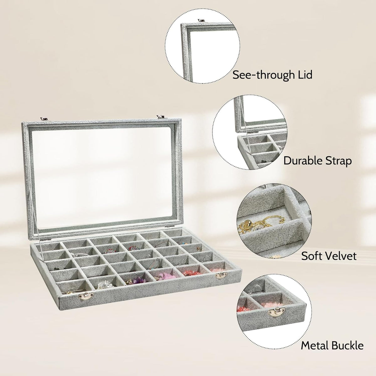 Stratalife Jewelry Organizer Jewelry Holder Storage Earring Organizer Box Tray with Lid Velvet Earring Display for Drawer 30 Grid Grey