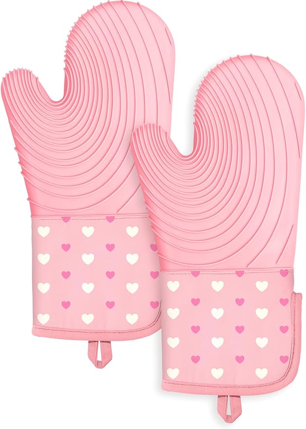 Slohif Long Silicone Oven Mitts Heat Resistant for Women - 2 Pcs Heart 100% Cotton Oven Gloves, Non-Slip and Waterproof Silicone Oven Mitts with Hanger for Baking and Cooking