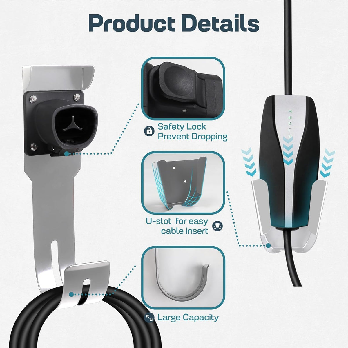 Tesla Charger Holder Wall Mount Kit, Sliver Mobile Connector Charging Cable Cord for Tesla Model for Indoor Outdoor Garage, Wall Mount Cable Organizer Bracket with UMC Holder