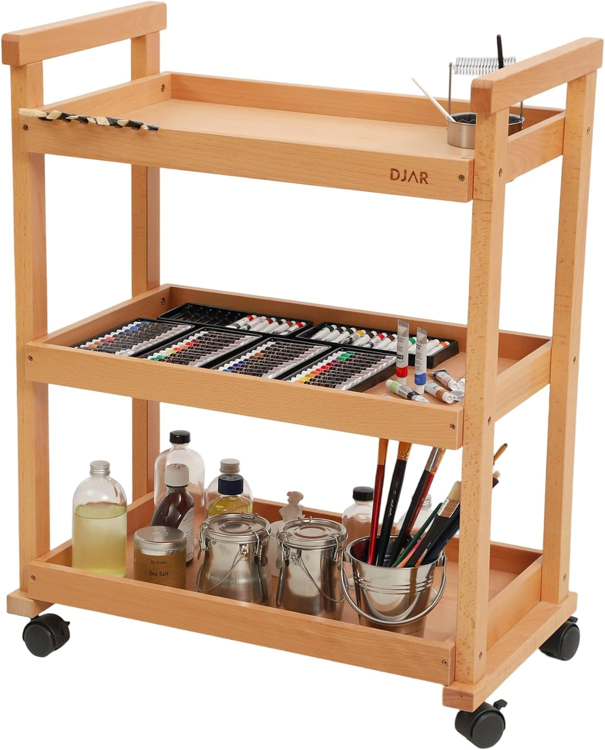 DJAR Rolling Art Supplies Cart, Solid Beech Wood Art Supply Organizert with Caster Wheels, Utility Cart for Adults, Artists, (Natural, Basic)
