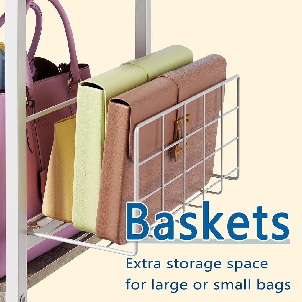White Purse Organizer, 3-Tier Floor Standing Bag Rack Stand Featuring Side Hooks and Baskets, Adjustable Feets, High Capacity Metal & Wood Handbag Holder Design for Closet Storage, Patent Pending
