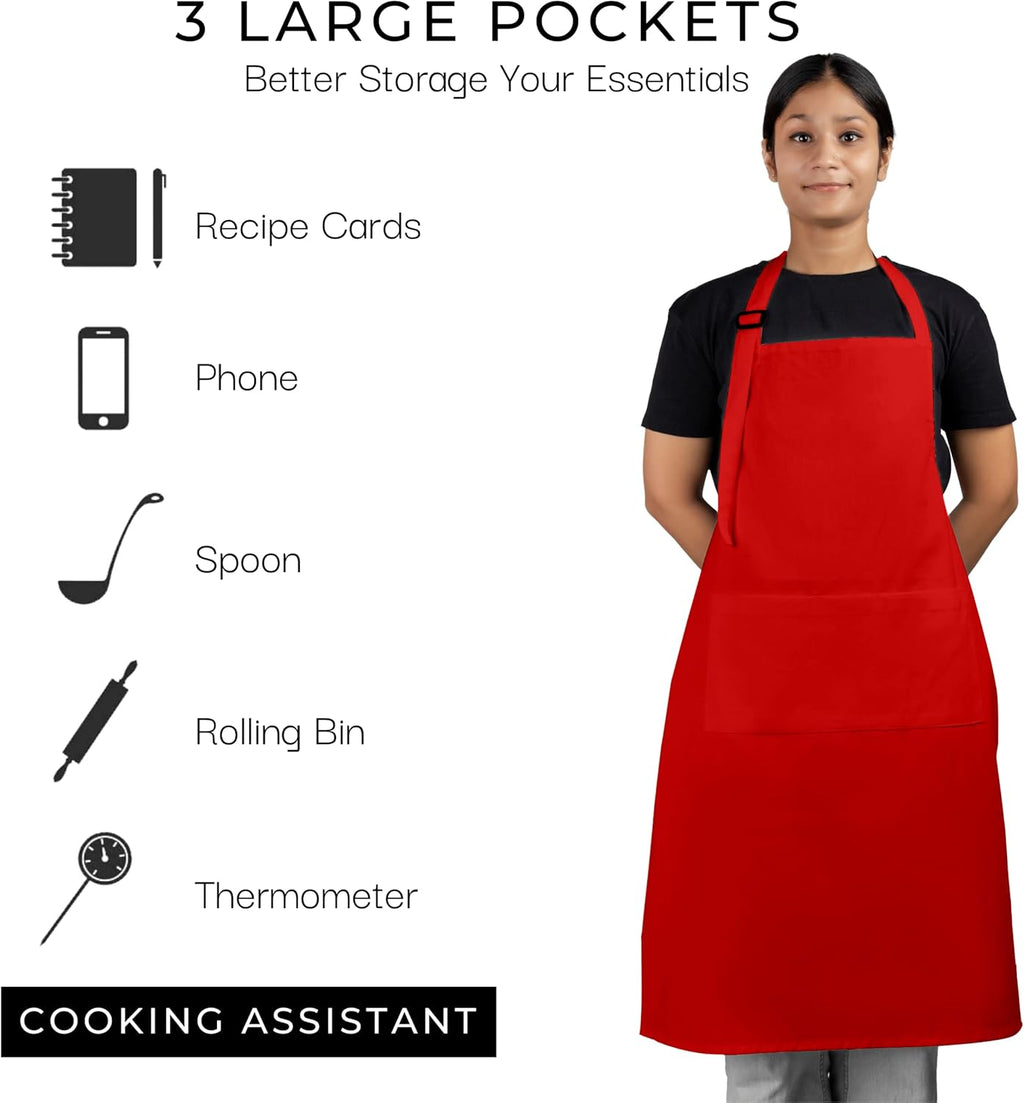 RAJRANG 100% Cotton Cooking Apron with 3 Pockets Kitchen Chef BBQ Adjustable Bib Aprons for Women Men