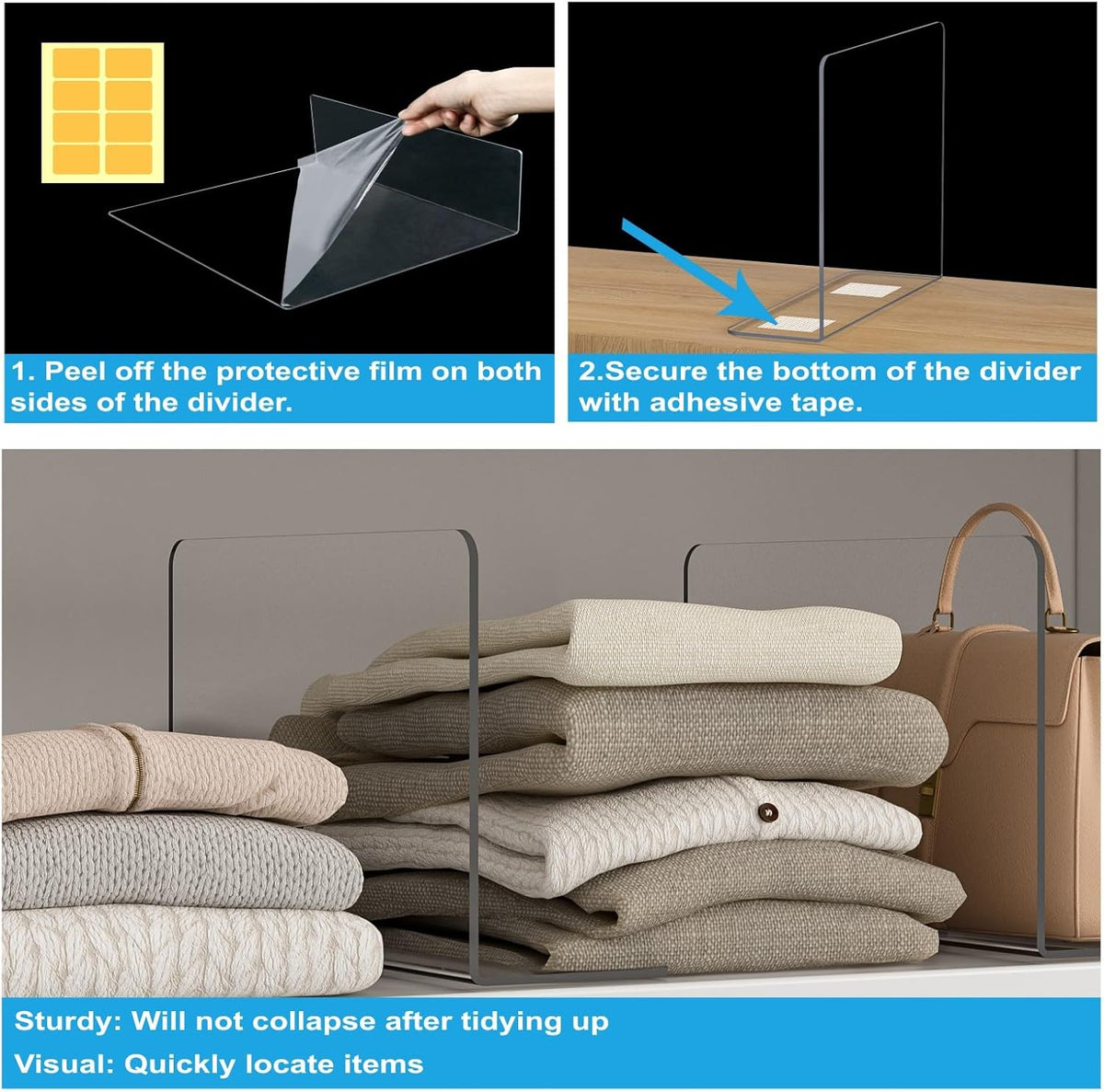 OKPOW Shelf Dividers Closet Organizer - 7.5" Tall X 11.8" Deep Acrylic Clear Sturdy Separate for Clothes Purse - Adjustable Space Saver Easy Install for Home Organization Enthusiasts 4 Pack