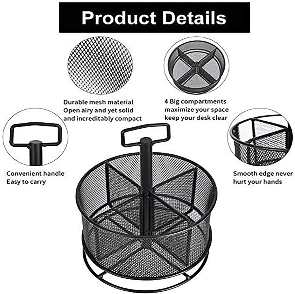 Marbrasse Mesh Desk Organizer, 360-Degree Rotating Multi-Functional Pen Holder, 4 Compartments Desktop Stationary Organizer, Home Office Art Supply Storage Box Caddy (Black)