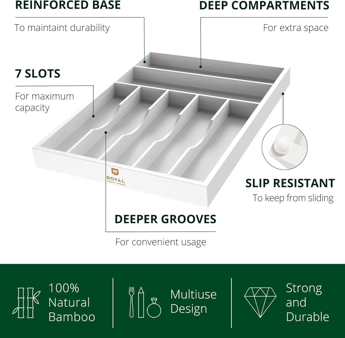 ROYAL CRAFT WOOD Luxury Bamboo Kitchen Drawer Organizer - Silverware Organizer - Utensil Holder and Cutlery Tray with Grooved Drawer Dividers for Flatware and Kitchen Utensils (7 Slot, White)
