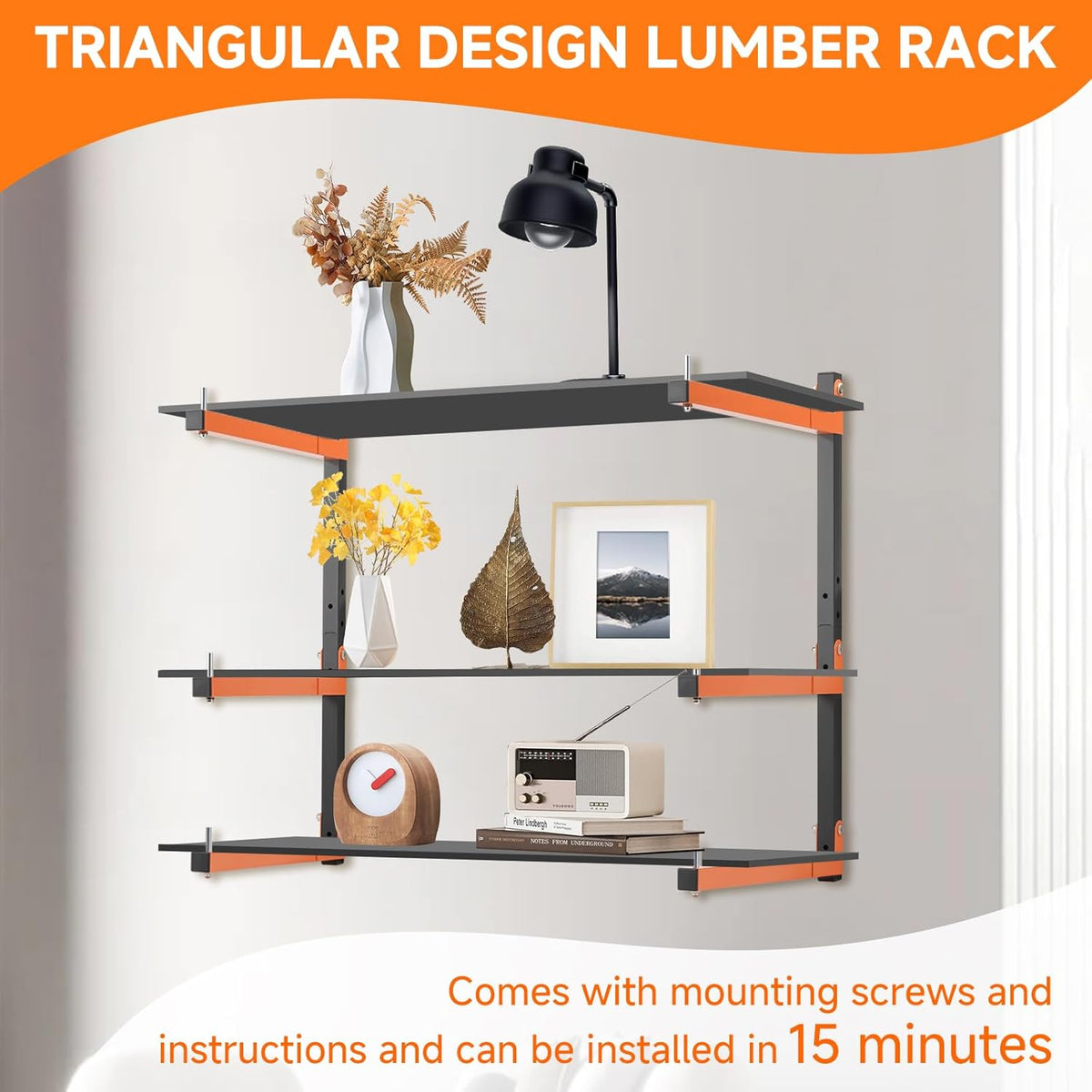 4 Pack Lumber Rack Wall Mount, Heavy Duty Wood Storage Racks, 6-Level System Organizer Shelving, 720 LBS Capacity Hanging Garage Shelves, Orange Brackets Utility Metal Shelf for Indoor and Outdoor