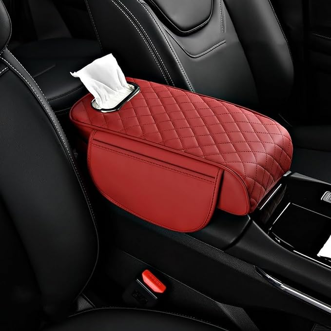 Car Arm Rest Cover Pad for Ford Maverick 2022 2023 2024, Leather Memory Foam Center Console Cushion with 2 Storage Bags and a Tissue Box Universal Car Interior Accessories,F/Red