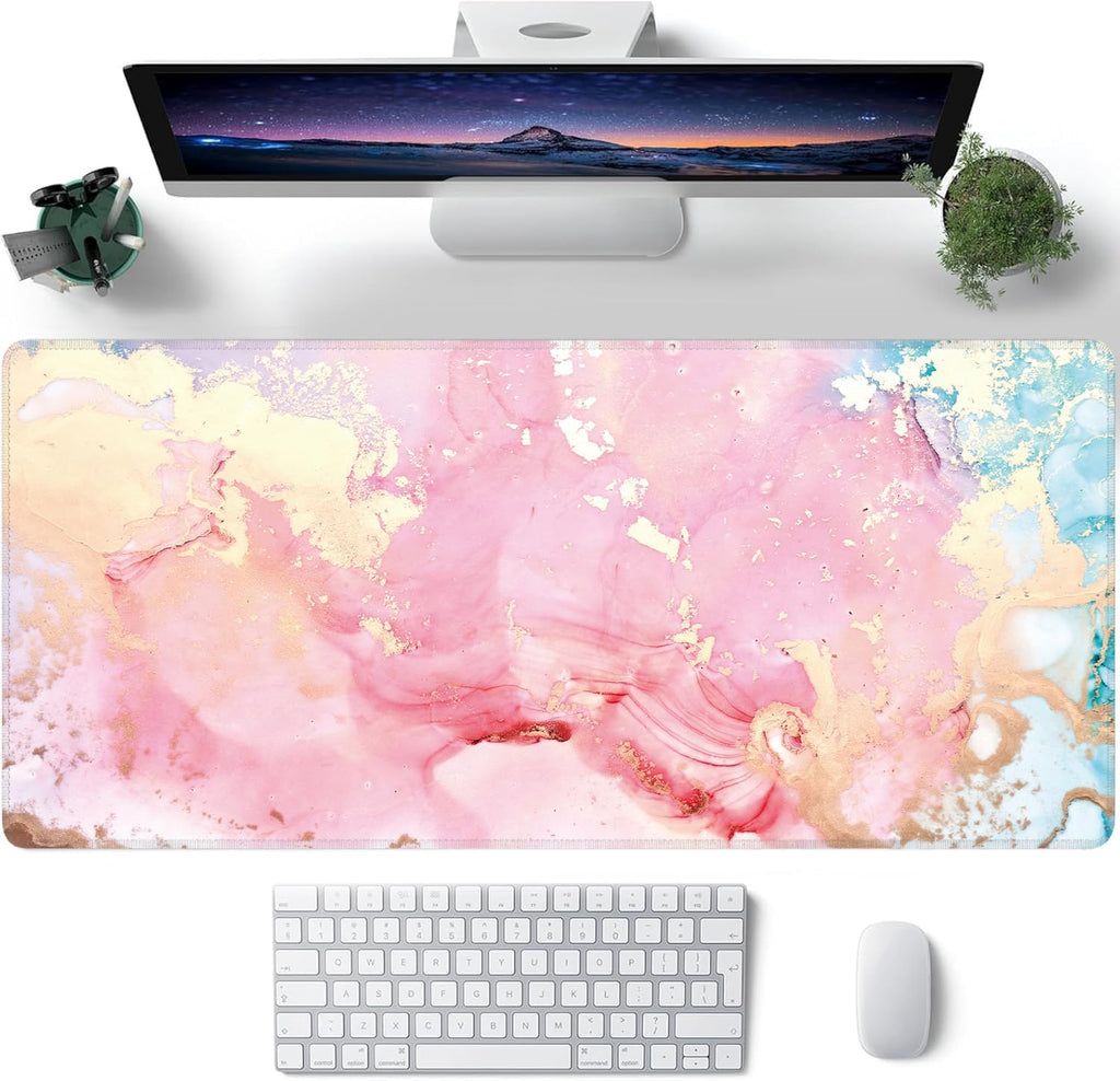 Cute Pink Marble Large Mouse Pad,Gaming Keyboard Desk Pad,Extended Mouse Mat Non-Slip Rubber Base with Stitched Edges for Office Game Home XXL 35.4"x15.7"