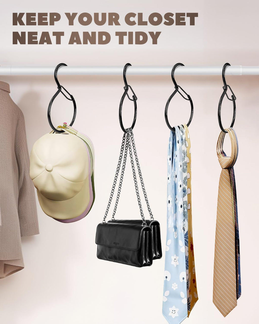 4 Pack Belt Hanger, Belt Hanger for Closet, Waterproof Belt Organizer for Closet, Holds Ties, Scarves, Bags & Accessories, Black