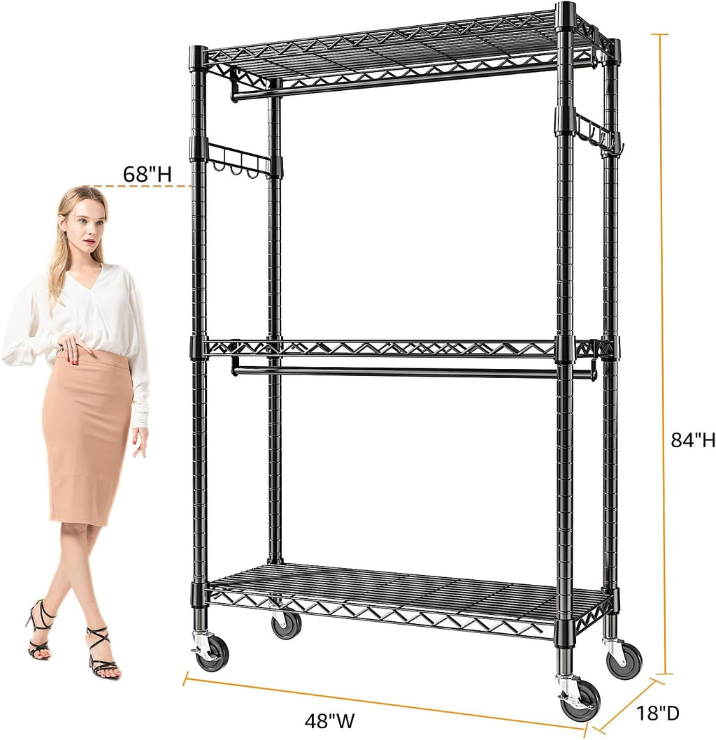 Heavy Duty Rolling Garment Rack 3 Tiers Adjustable Wire Shelving Clothes Rack with 2 Rods and Side Hooks, Storage Closet Clothing Rack with Wheels Black 17.7" D x 47.2" W x 83.6" H