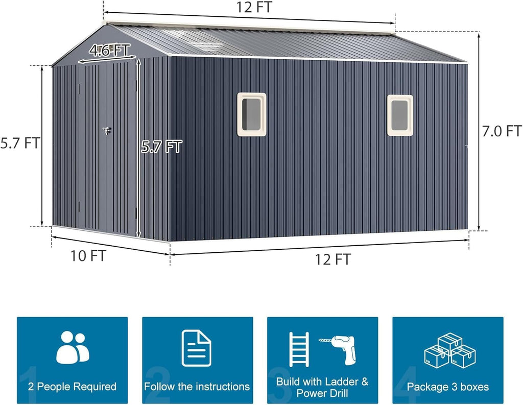 Restland 10x12 FT Outdoor Storage Shed with Floor Base Frame Metal Garden Shed with Clear Roof, Air Vent & Lockable Door Large Tool Storage House for Backyard, Garden, Lawn