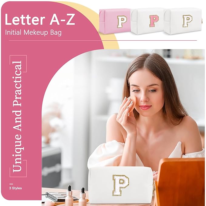 Small Personalized Initial A-Z Preppy Patch Makeup Bag,White PU Chenille Letter Travel Cosmetic Pouch with Zipper,Cute Toiletry Bag,Gift Ideal for Teen Girls Women Teacher Bridesmaid,Letter P