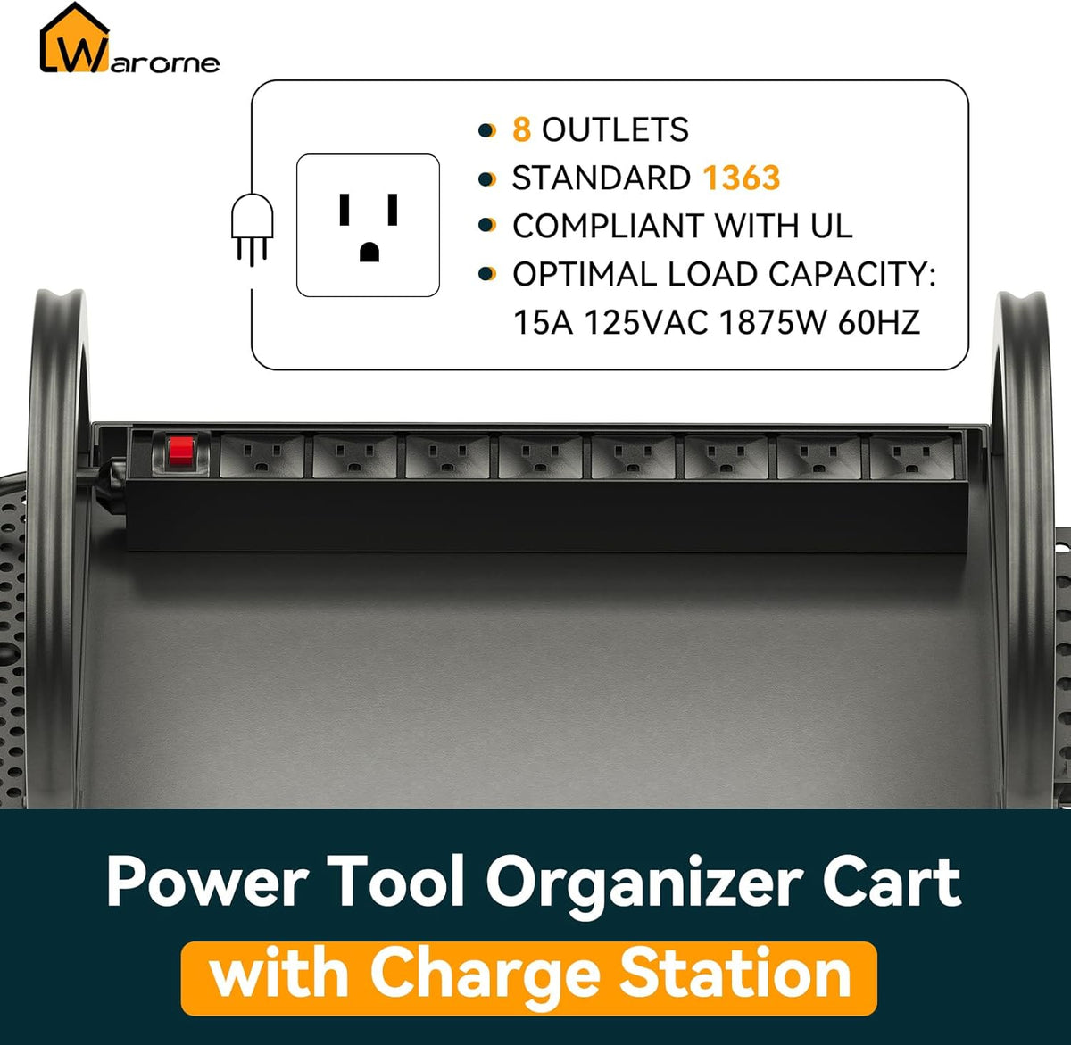 Warome Large Power Tool Organizer Cart with Charging Station, Rolling Utility Cart with 8-Outlet Movable Power Strip, Floor Standing Drill and Battery Holder,Tool Cart on Wheels for Garage Storage