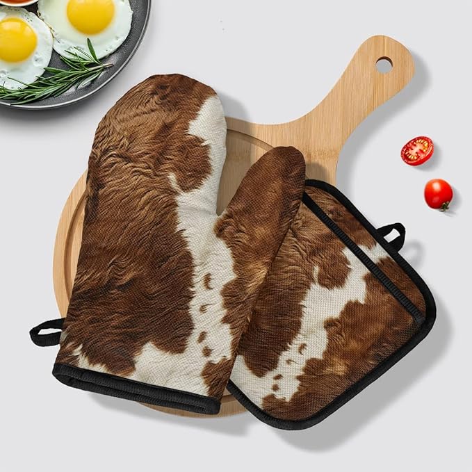 Cow Print Vintage Brown Oven Mitts and Pot Holders Sets, 2 Pcs Cow Decorative Kitchen Oven Glove for Cooking