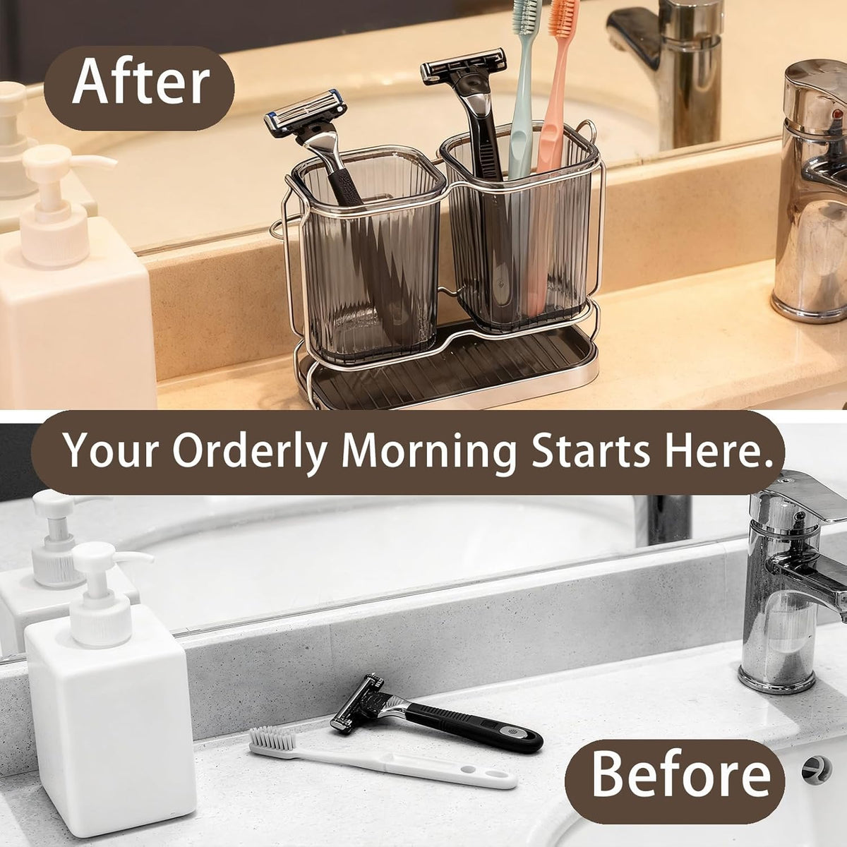 2-Pack Grey Toothbrush Holders, Wall Mounted or Countertop Toothbrush Holders with Drain Tray, All-in-One Bathroom Organizers and Storage for Toothpaste, Razors, Family & Kids (Grey)