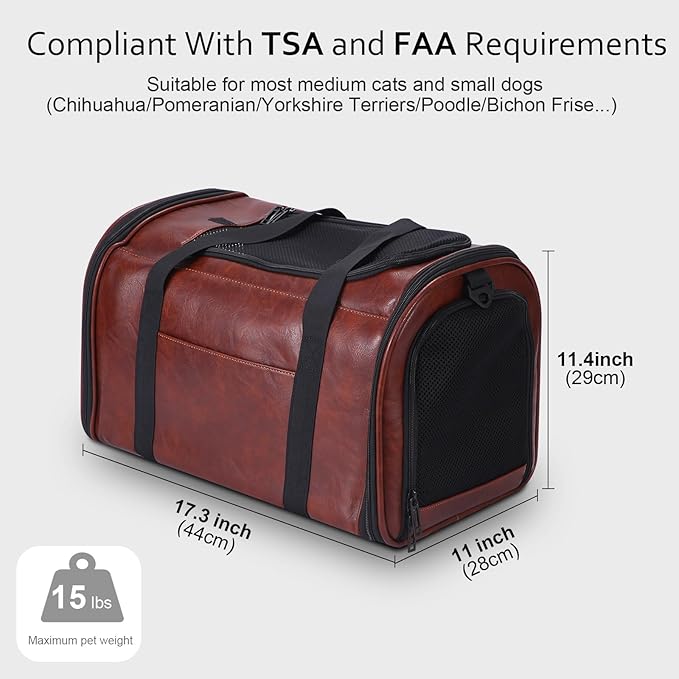 Lasaviin Fashion Leather Dog Carrier Cat Carrier Airline Approved Pet Carrier for Small Medium Dogs Cats Under 15Lbs, Collapsible Soft Sided Travel Puppy Carrier Coffee