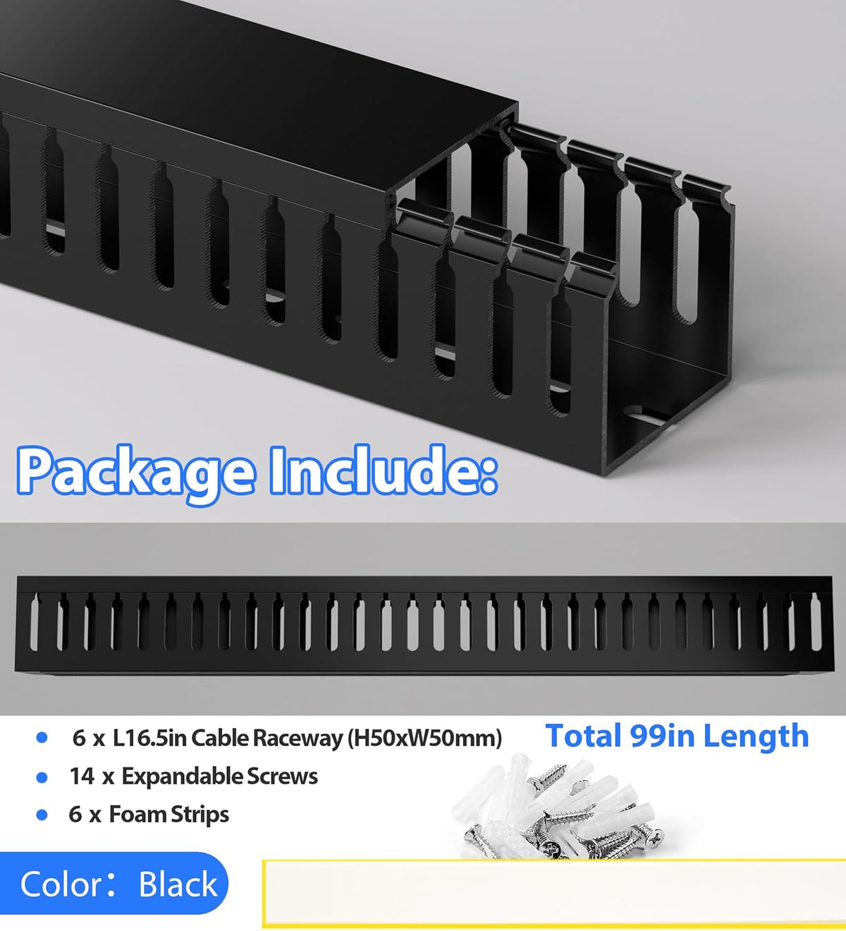 ZhiYo 99in(6X L16.5in) Professional Server Rack Cable Management Raceway, H2in x W2in Cable Raceway Kit, Electrically Safe PVC Open Slot Wire Raceway for Under Desk/Computer/Network Cords, Black