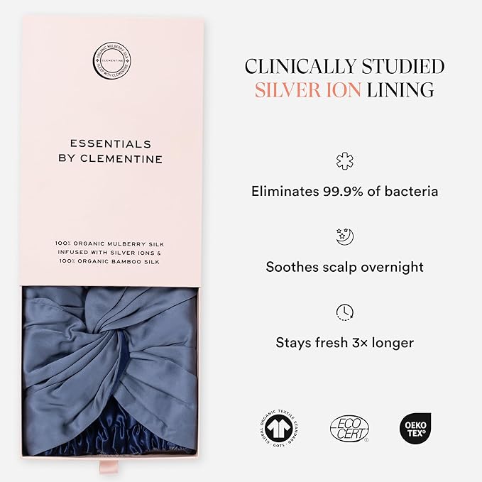 Essentials by Clementine Organic Hair Bonnet in Blue Lagoon | Silver Ion Silk Lined Bamboo Sleep Cap for Frizz-Free, Curly Hair, and Scalp Health