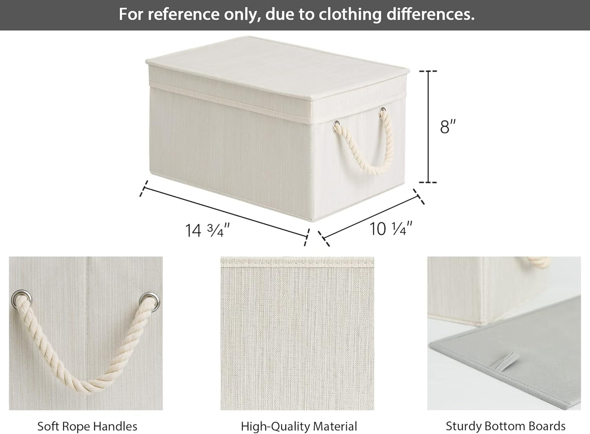 StorageWorks Storage Bins with Lids, Decorative Storage Boxes with Lid and Soft Rope Handles, Foldable Storage Baskets for Closet, Shelves, Stackable, 3-Pack, Ivory and White, Large