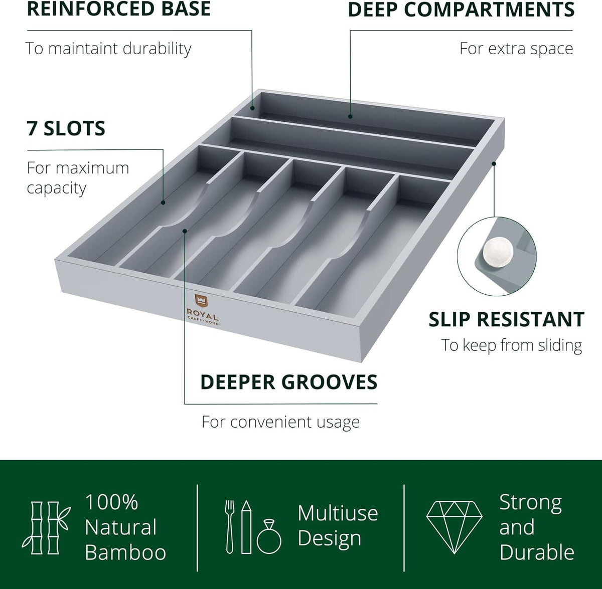 ROYAL CRAFT WOOD Luxury Bamboo Kitchen Drawer Organizer - Silverware Organizer - Utensil Holder and Cutlery Tray with Grooved Drawer Dividers for Flatware and Kitchen Utensils (7 Slot, Gray)