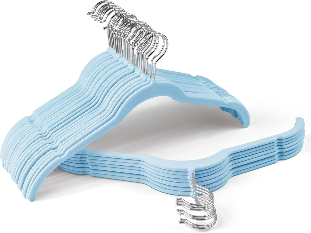 30 Pack Velvet Hangers – Premium Non-Slip Slim Clothes Hangers with 360° Swivel Hook, Space-Saving Flocked Shirt Hangers for Coats, Dresses, Blouses, Suits(Blue)