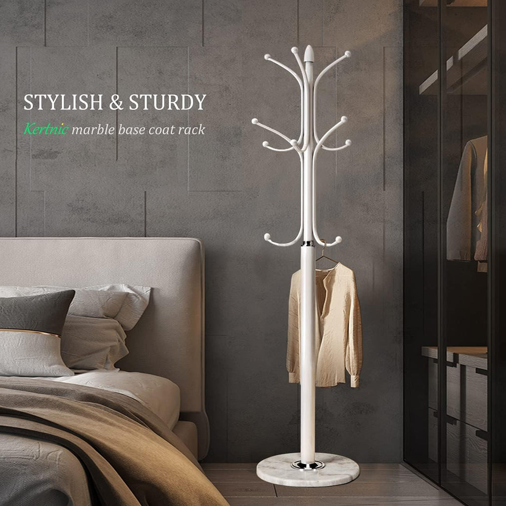 Kertnic Metal Coat Rack Stand with Natural Marble Base, Free Standing Hall Tree with 12 Hooks for Hanging Scarf, Bag, Jacket, Home Entry-way Hat Hanger Organizer (White)