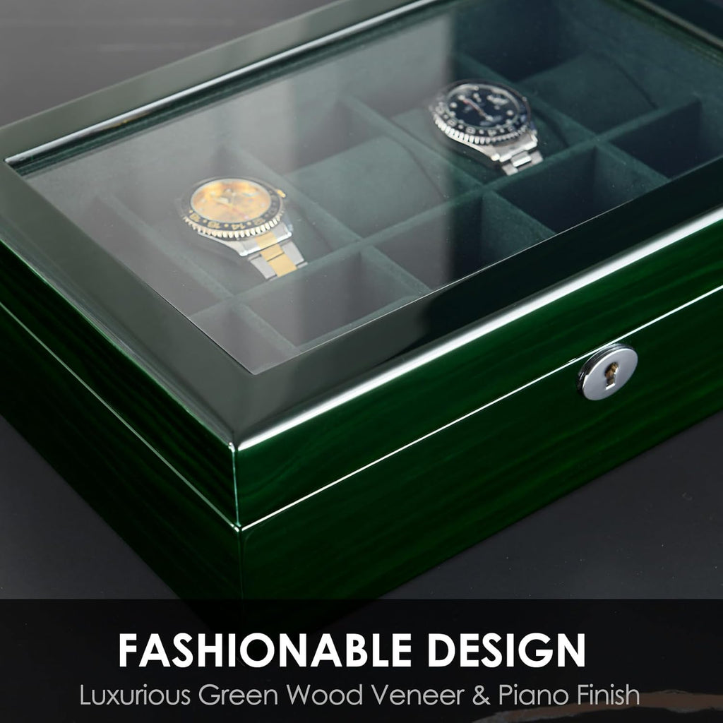 Watch Box for Men 10 Watches Storage Organizer Case, Smart Watch Display, Green Wood with Soft Suede Interior, Large Glass Window, Gift for Women and Man (10W-GR)