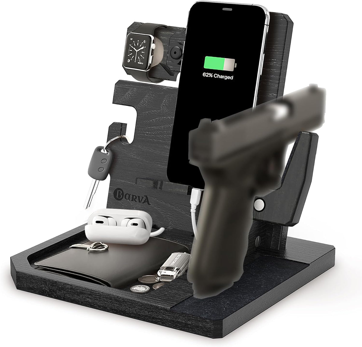 BarvA Phone Docking Station with Patented Adaptive Wood Gun Rack | Night Stand Smart Watch & Phone Stand | Charging Station Desk Organizer | Gun Accessories Storage and Organization
