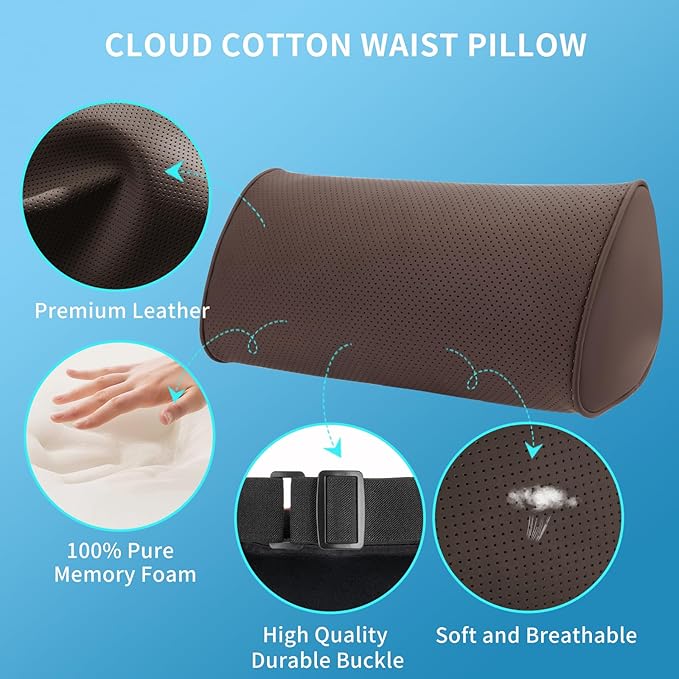 Lumbar Support Pillow for Car Seat and Office Chair, Gaming Chair, Ergonomic Memory Foam Back Cushion Lower Back Pain Relief, Luxury Leather Back Support Pillow, Brown, 1 Pack
