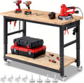 Workbench with Wheels 60 x 22 Heavy Duty Rubberwood Tabletop Work Bench Adjustable Height Garage Work Table with Under Table Shelf, Sided Pegboard, Power Outlets for Home Office