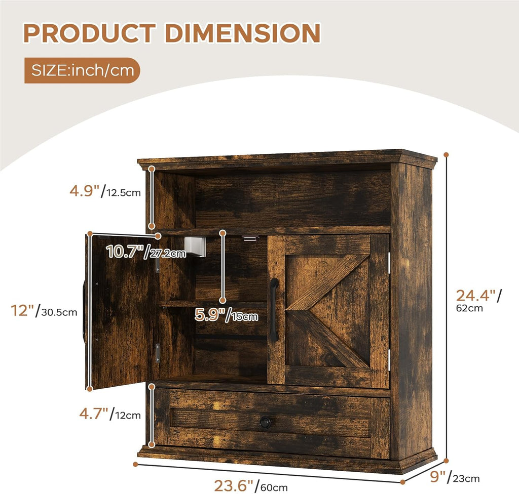 Bathroom Wall Cabinet, Wall Mounted Medicine Cabinet with Drawer, Barn Door & Adjustable Shelf, 24.4"H x 23.6"W x 9"D Rustic Brown Over Toilet Farmhouse Storage Cabinet for Kitchen, Laundry, Entryway