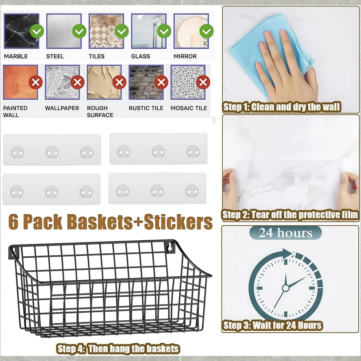 Sonyabecca 6 Pack Hanging Wall Basket for Organizing, EXTRA Large Wire Basket for Pantry with 5 S Hook+6 Adhesive Hook, Wall Mounted Shelf for Kitchen,Bedroom, Bathroom RV,Garage Organization& Storage