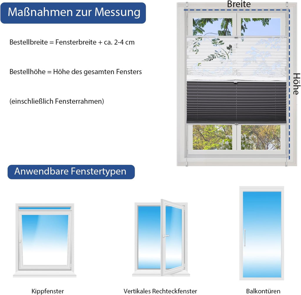 Sekey Pleated Blind Double Pleated Day+Night Blackout No Drilling Tensioned Light Protection Klemmfix Translucent Burnout Pattern 55 x 120 cm Print and Grey