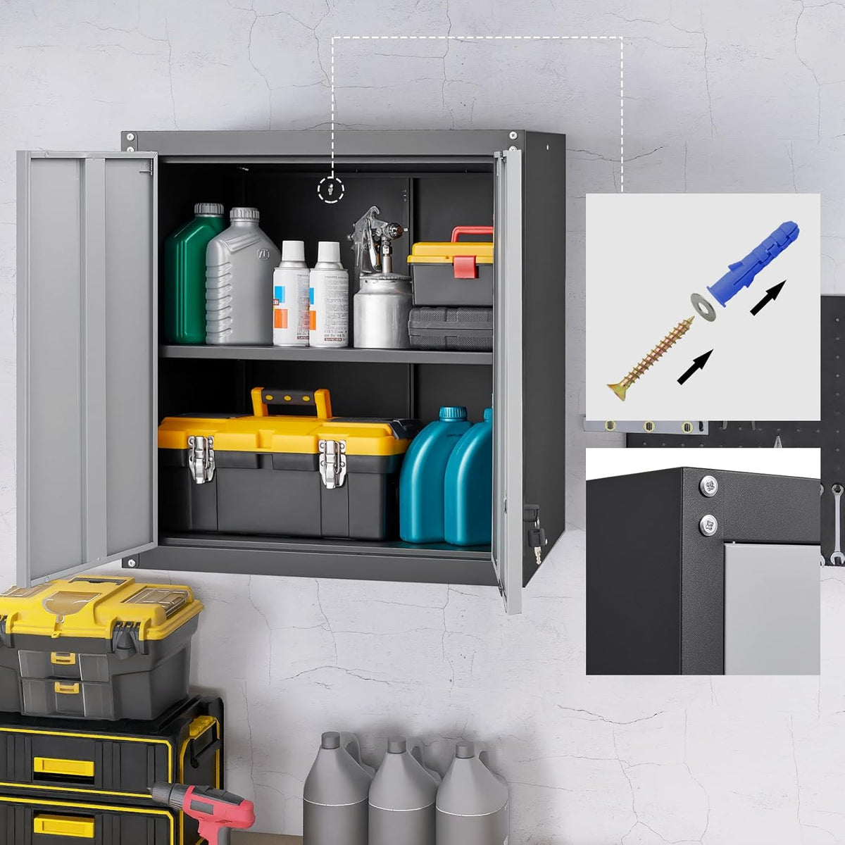 LUCYPAL Garage Wall Cabinet,Metal Wall Storage Cabinet with Adjustable Shelf and Locking Doors,Floating Utility Cabinets for Warehouse/Basement/Kitchen (Black&Grey,27.95" H)