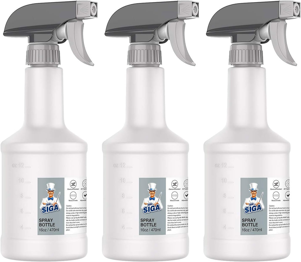 MR.SIGA 16 oz Empty Plastic Spray Bottles for Cleaning Solutions, Heavy Duty Household Reusable Spray Bottles with Measurements and Adjustable Leak Proof Nozzle, 3 Pack