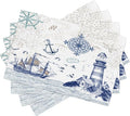 Nautical Placemats, Simple Hand Painted Blue Ocean Sailboat Map Lighthouse Compass Print Washable Fabric Placemats Table Kitchen Dining Party 12x18 Inch Set of 6