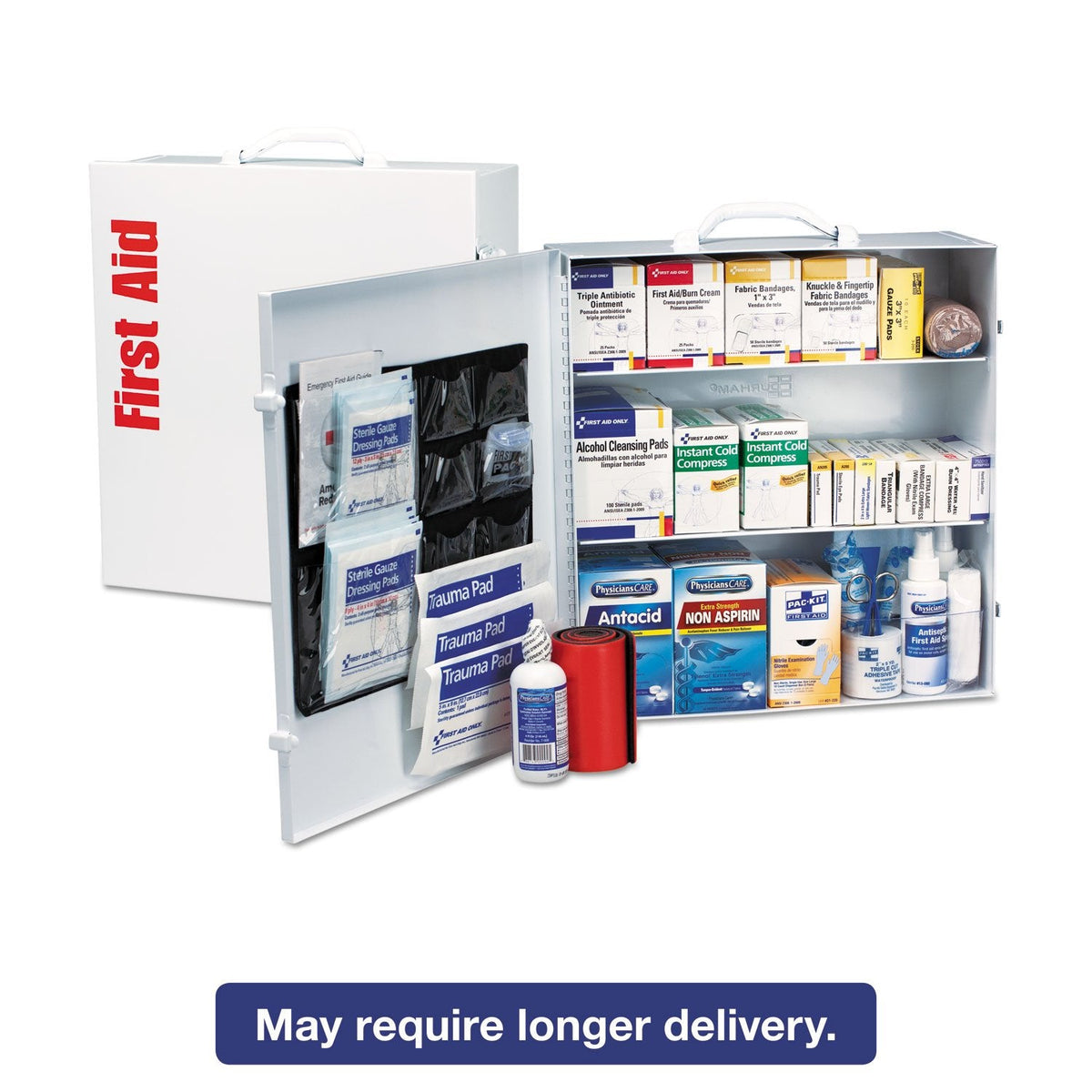 First Aid Only 90575 3-Shelf ANSI B+ and OSHA-Compliant First Aid Kit, 100-150-Person Emergency First Aid Kit for Business and Worksite, First Aid Metal Cabinet with Medications, 676 Pieces