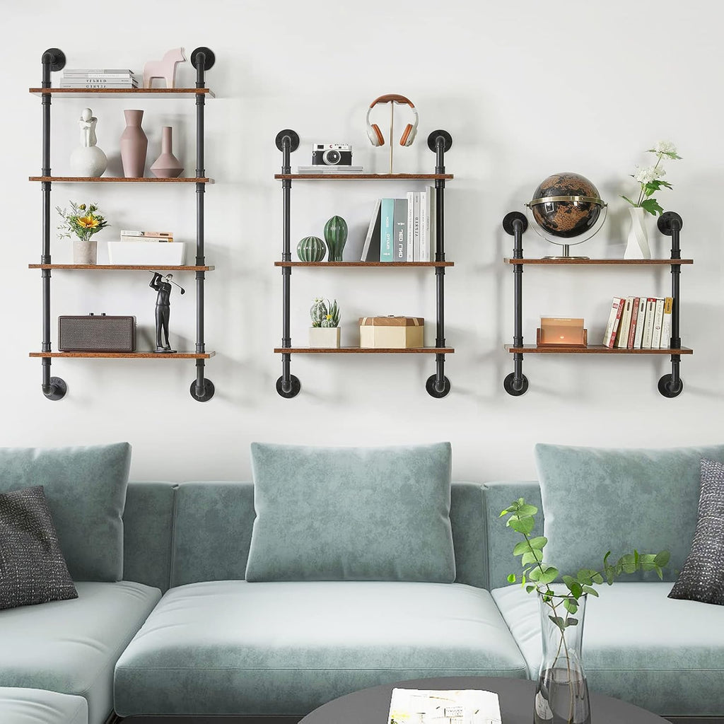 YMYNY Industrial Pipe Shelf Bracket, 4 Tiers Retro Wall Mounted Floating Shelf, Wood DIY Bookshelf, Storage Shelves for Living Room, Bedroom, Office, 24" Farmhouse Bathroom Shelving, UHWS002H