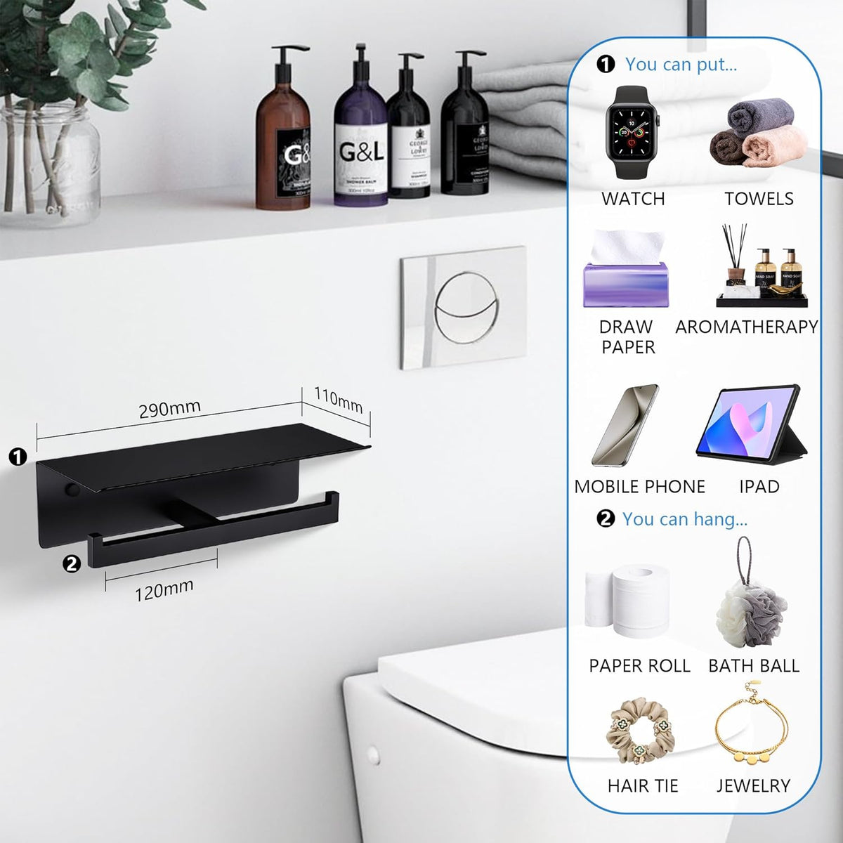 LANC Double Toilet Paper Holder with Shelf, Matte Black Commercial Roll Tissue Dispenser with Phone Shelf for Bathroom Wall Mounted or 3M Self-Adhesive Stainless Steel Storage, A8377MB