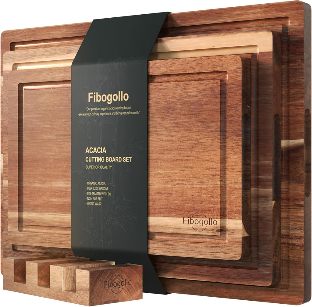 Acacia Wood Cutting Boards for Kitchen(Set of 3),Wooden Chopping Boards Set with Juice Groove, Large Serving Board with Holder,Butcher Block for Meat,Vegetables,Fruit