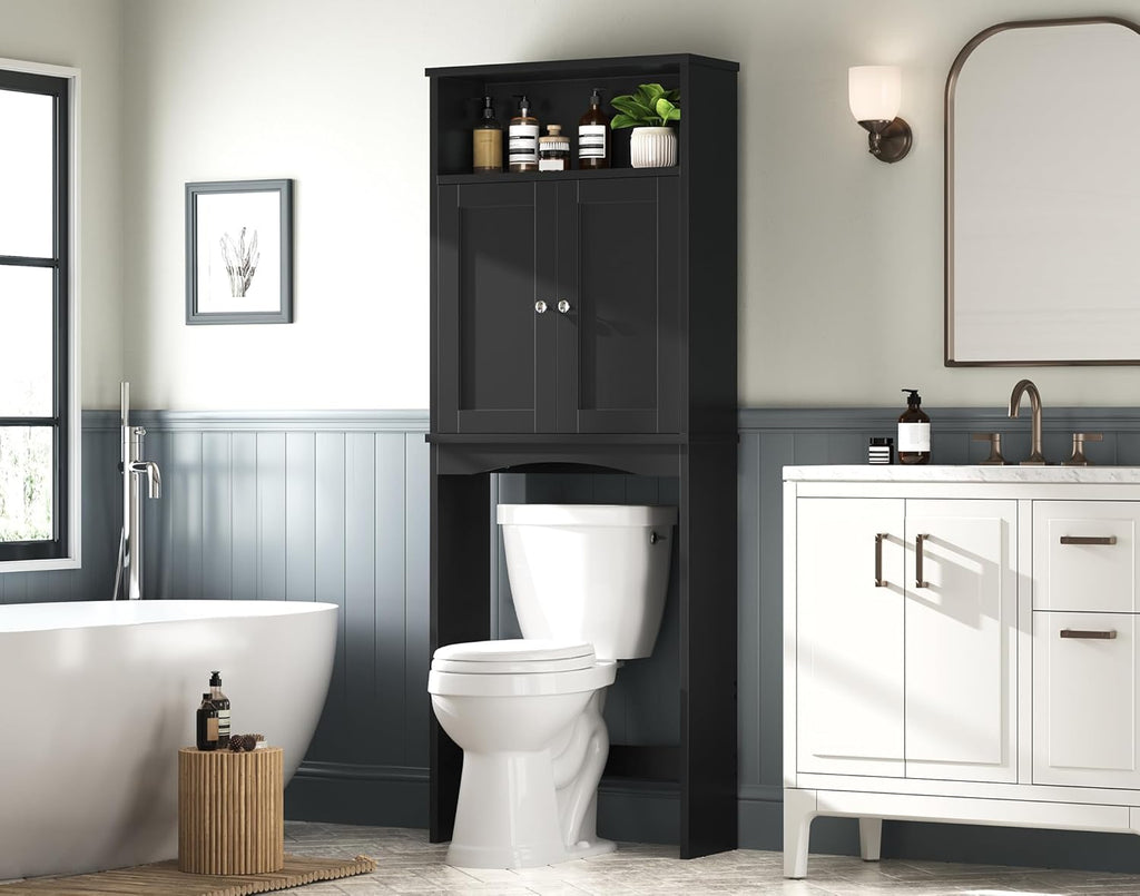 Over The Toilet Storage Cabinet, Over The Toilet Cabinet for Bathroom with Inner Adjustable Shelf and Top Open Storage Above Toilet Cabinet Behind The Toilet Bathroom Organizer, Black