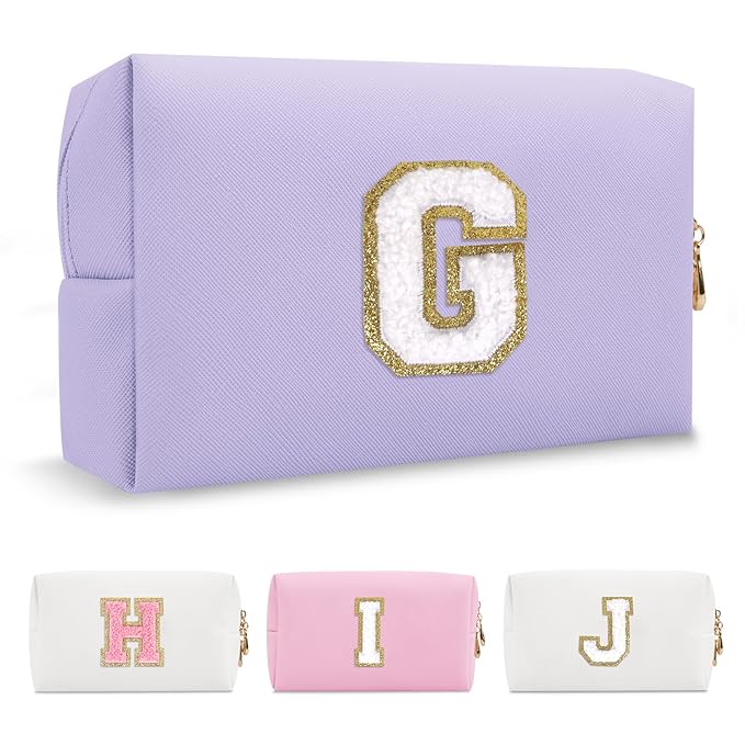 Personalized Makeup Bag Initial A-Z Preppy Patch Bag,Small PU Leather Travel Cosmetic Bag Pouch with Zipper,Purple Cute Toiletry Bag,Gift Ideal for Teen Girls Women Birthday Friend Mom,Latter G